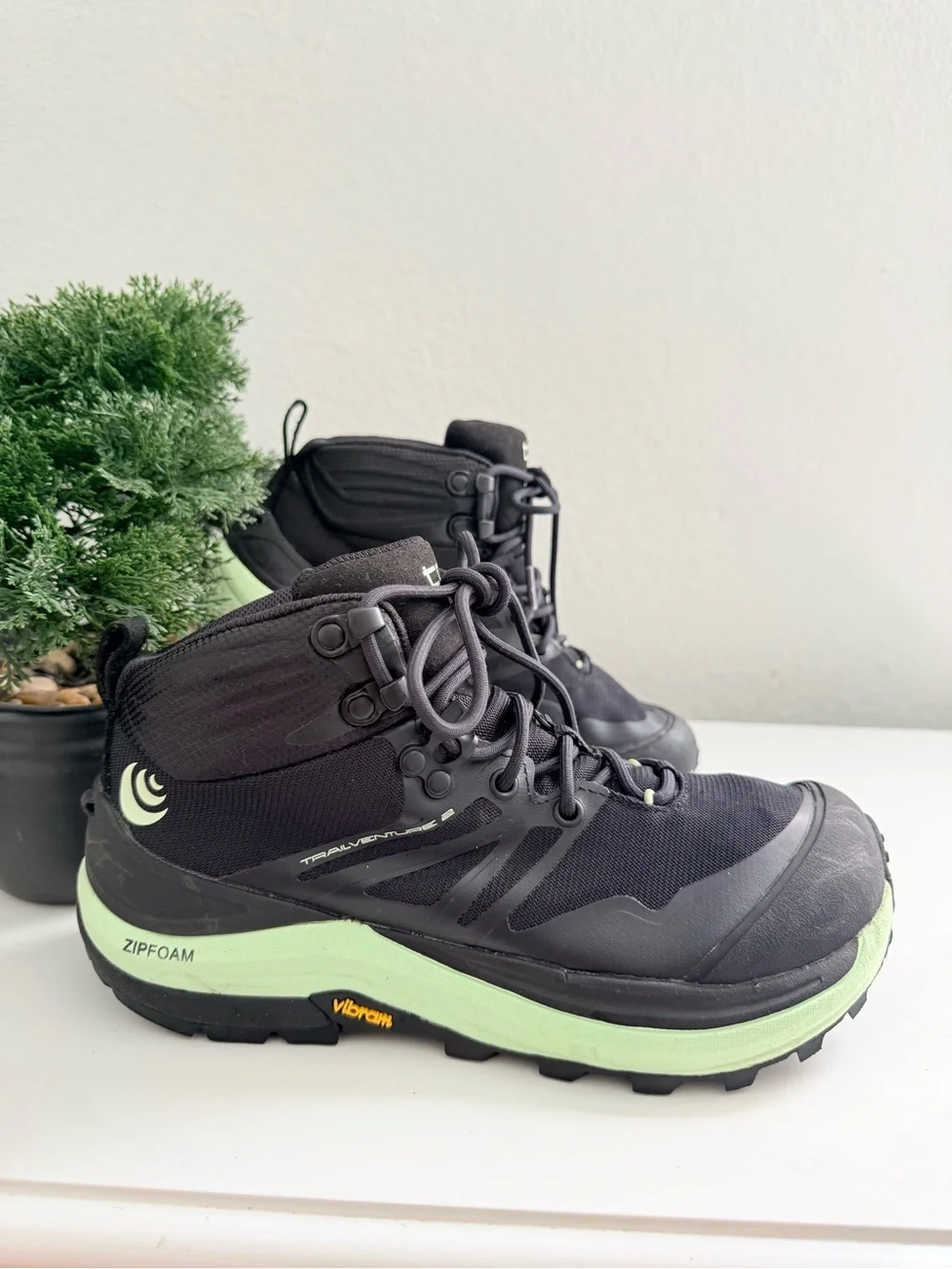Topo Trailventure 2  Women size 6.5 Black & Lime Mid-Top Trail Running Shoes